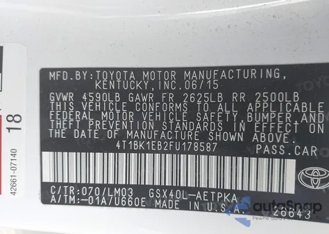 2015 Toyota Avalon Limited z USA, uszkodzony, nr VIN 4T1BK1EB2FU178587